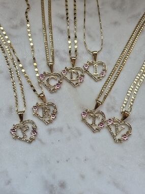 Gold Plated Heart Initial Necklace with Pink Flowers